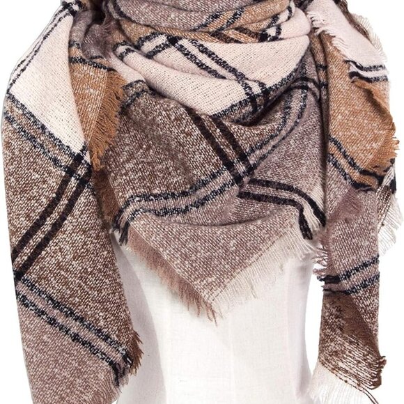 Womens Winter Scarfs Warm Scarf Half Shawls Triangle Scarves Stripe Plaid - Picture 3 of 3